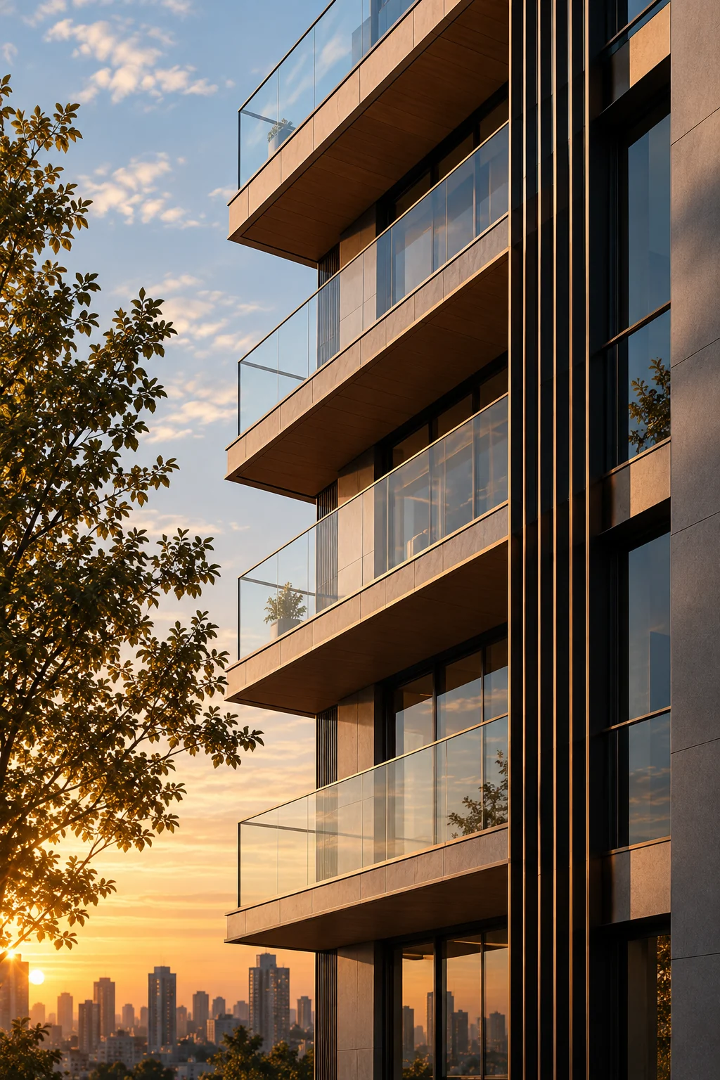 Fachada vertical de empreendimento imobiliário com varandas.