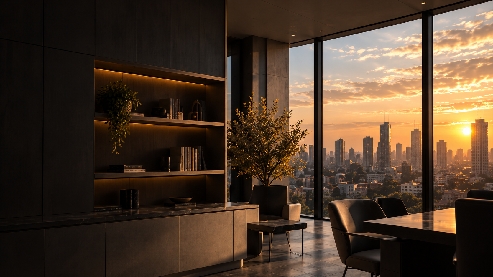 Escritório com vista para o skyline ao pôr do sol.